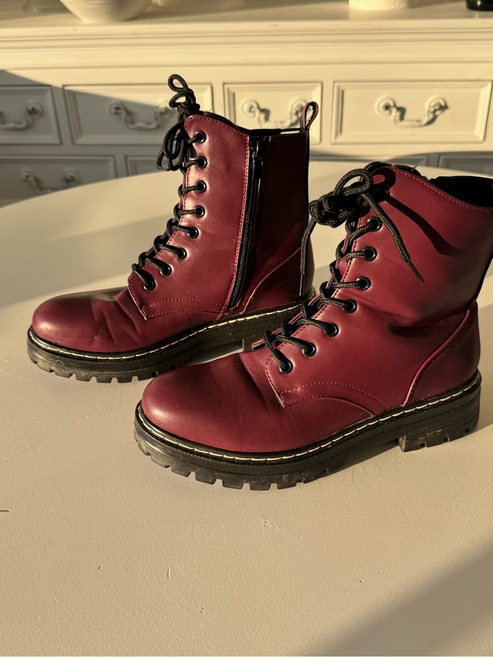 Burgundy Lace-Up Side-Zip Combat Boots
